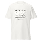 Unisex black t-shirt featuring George Orwell 1984 Two Plus Two quote typography printed across the front chest