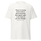 Unisex black t-shirt featuring George Orwell 1984 Power quote typography printed across the front chest