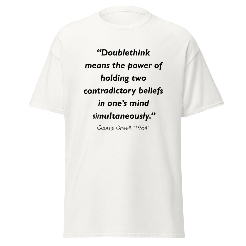 Unisex black t-shirt featuring George Orwell 1984 Doublethink quote typography printed across the front chest