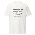 Unisex heather gray t-shirt featuring George Orwell 1984 Thoughtcrime quote typography printed across the front chest