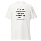 Unisex black t-shirt featuring George Orwell 1984 Rules quote typography printed across the front chest
