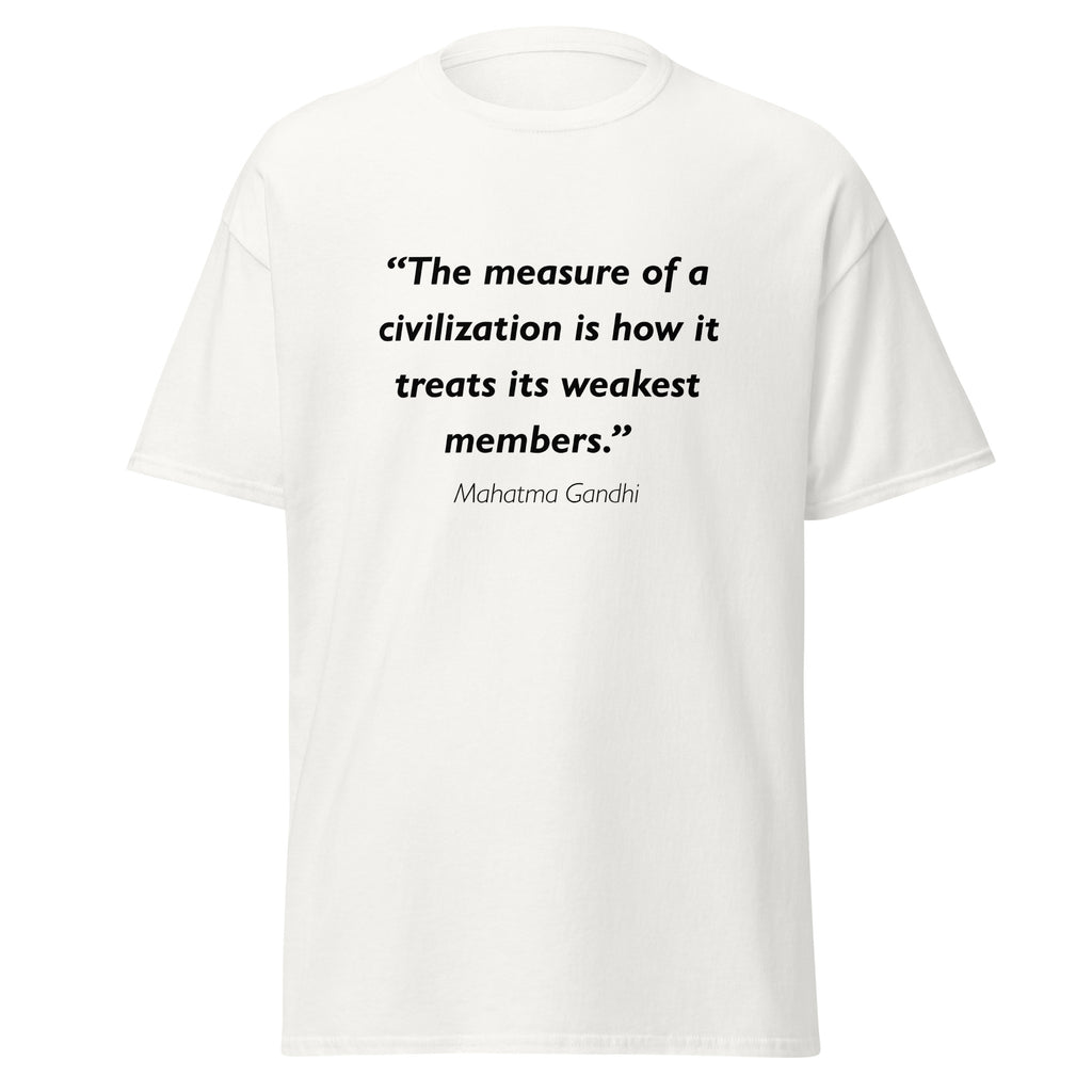 Unisex black t-shirt featuring Mahatma Gandhi Civilization quote typography printed across the front chest