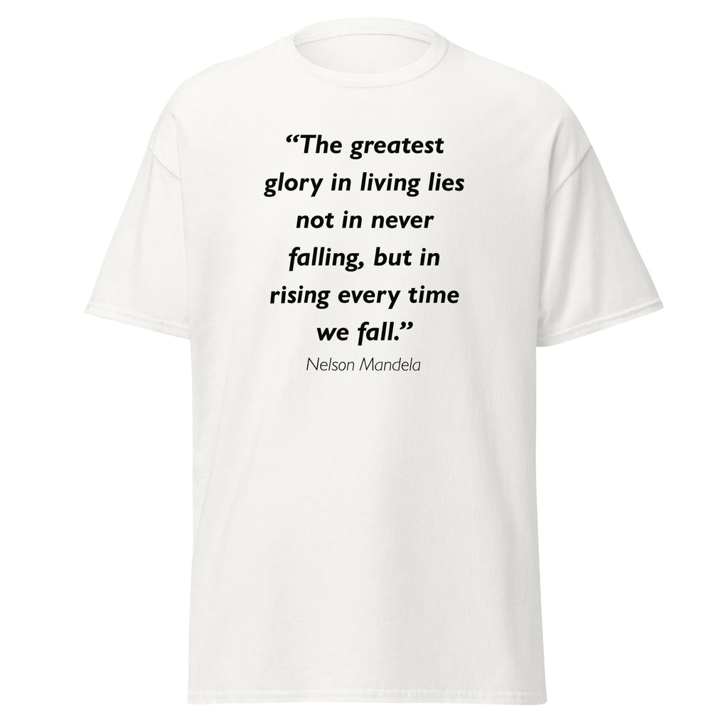 Unisex black t-shirt featuring Nelson Mandela Glory in Living quote typography printed across the front chest