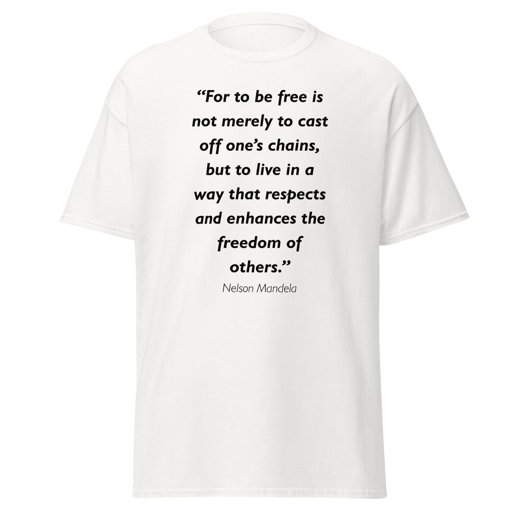 Unisex heather gray t-shirt featuring Nelson Mandela Freedom quote typography printed across the front chest