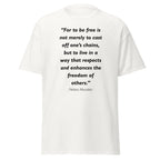Unisex heather gray t-shirt featuring Nelson Mandela Freedom quote typography printed across the front chest