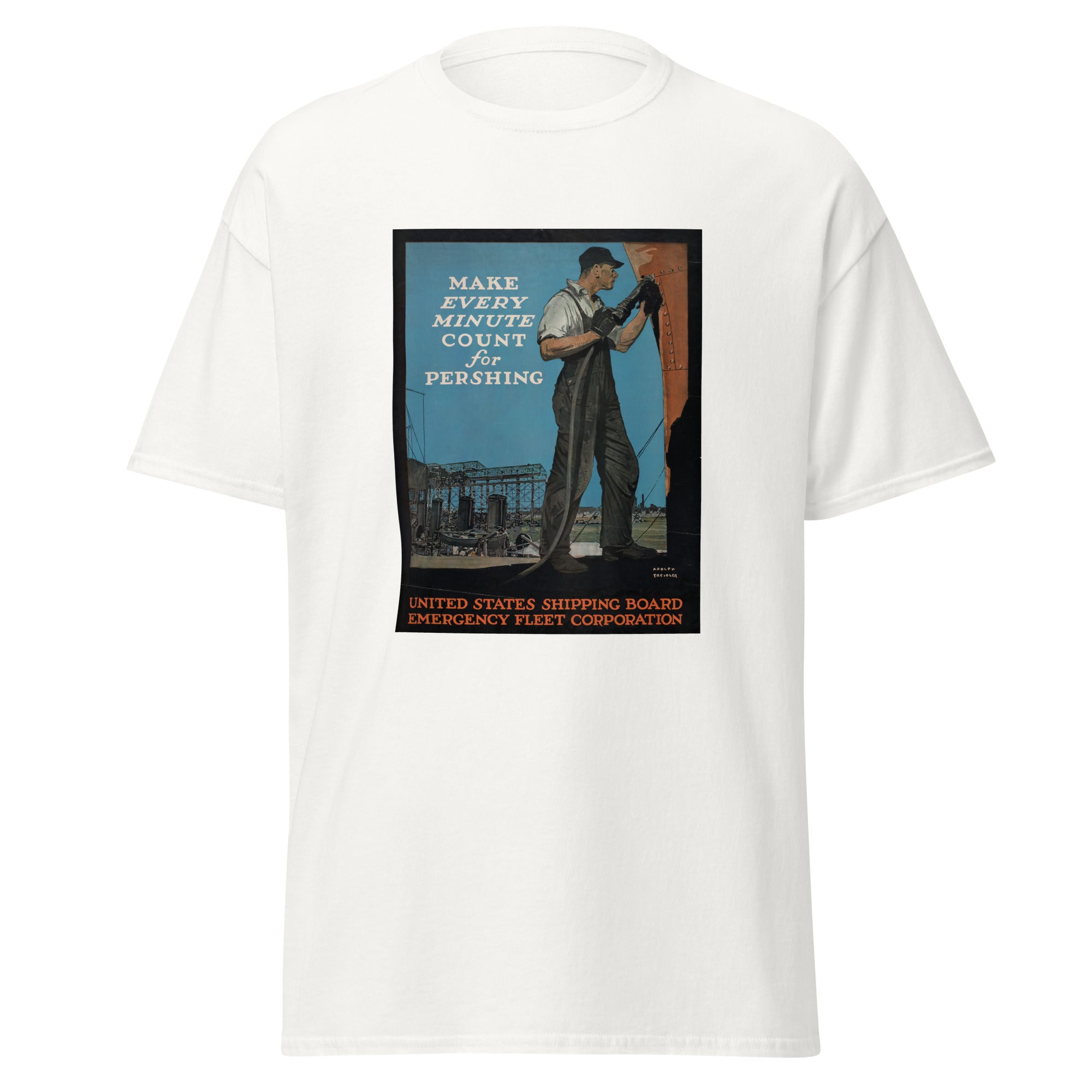 Unisex black t-shirt featuring vintage Pershing Shipping poster artwork printed across the front