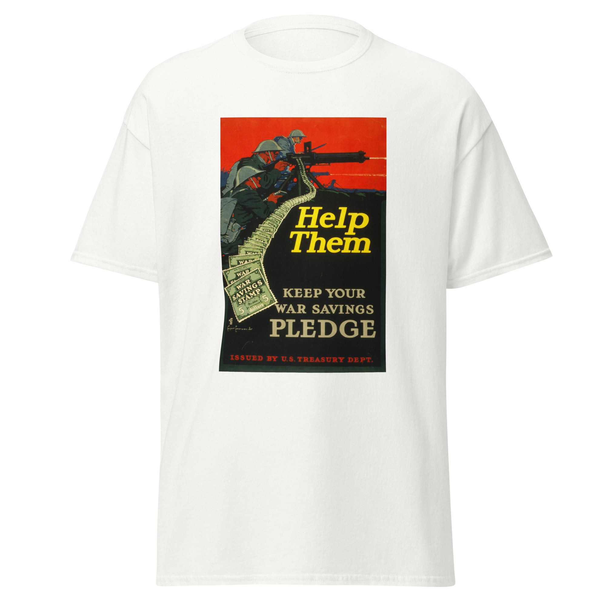 Unisex heather gray t-shirt featuring vintage War Savings poster artwork printed across the front