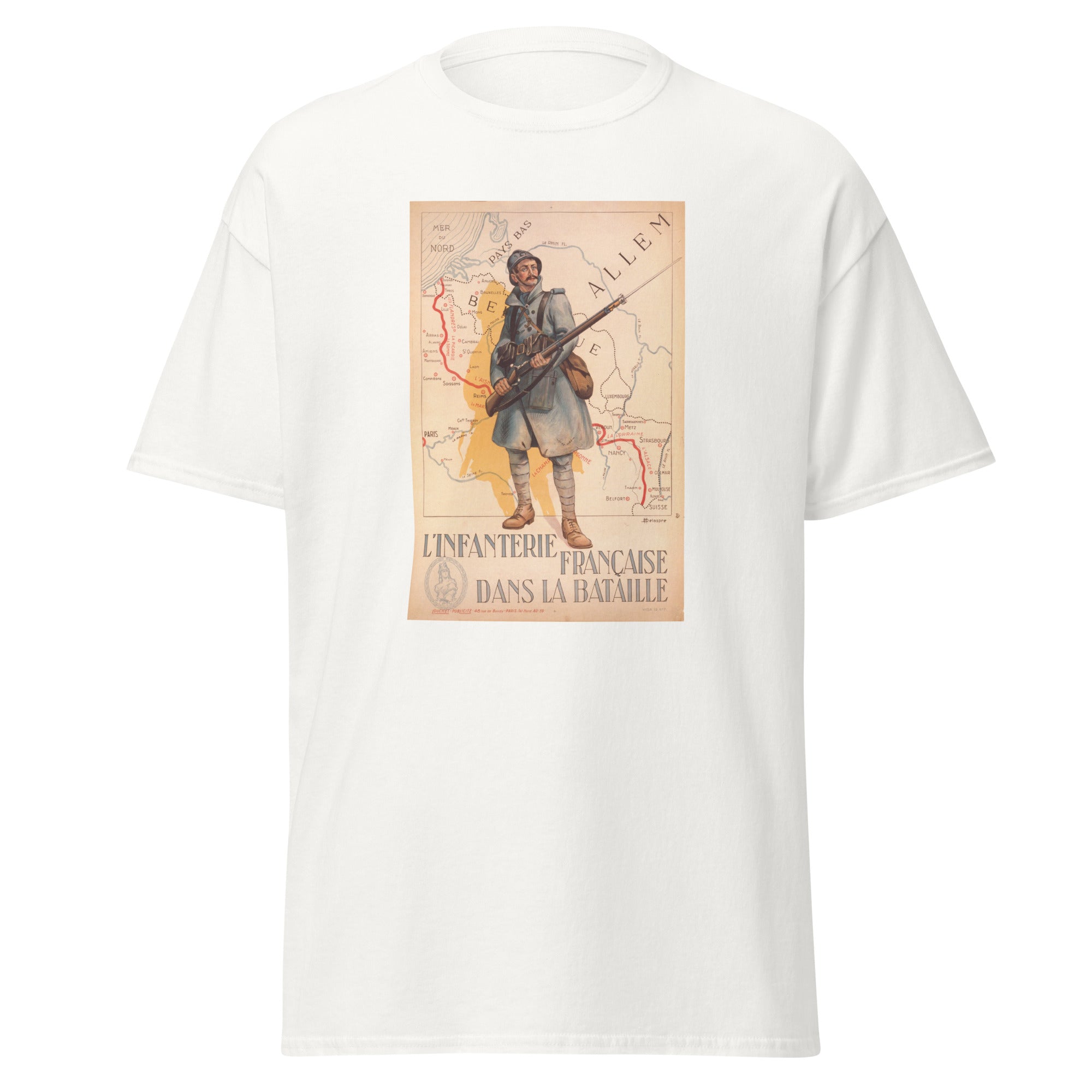Unisex black t-shirt featuring vintage France Infantry WWI poster artwork printed across the front