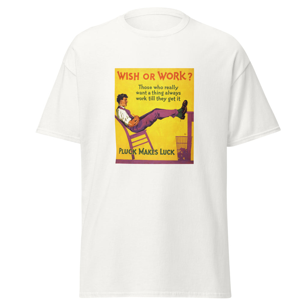 Unisex heather gray t-shirt featuring vintage Wish or Work poster artwork printed across the front