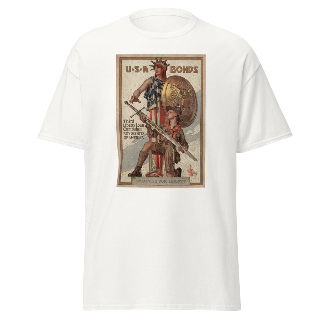 Unisex black t-shirt featuring vintage USA War Bonds poster artwork printed across the front