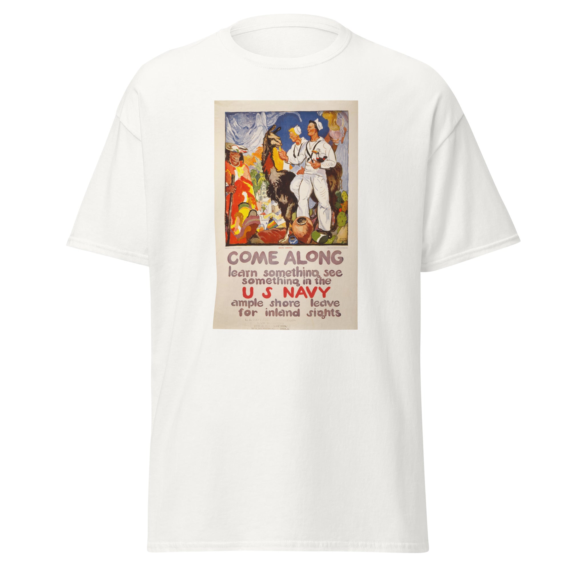 Unisex heather gray t-shirt featuring vintage US Navy Recruiting poster artwork printed across the front