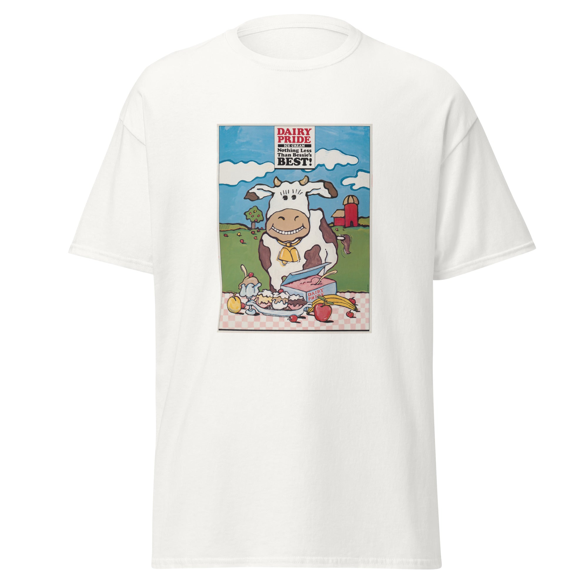 Unisex black t-shirt featuring vintage Dairy Pride poster artwork printed across the front