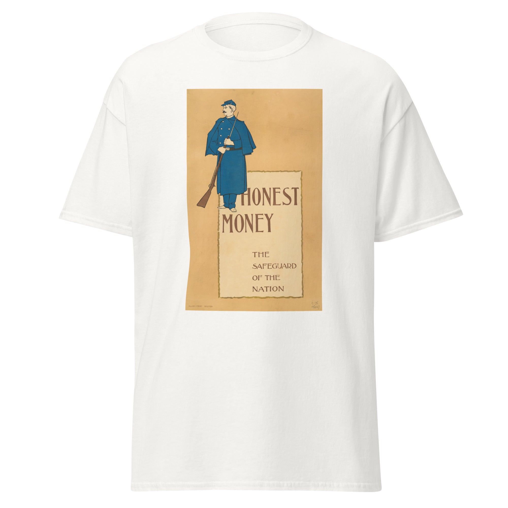 Unisex heather gray t-shirt featuring vintage Honest Money poster artwork printed across the front