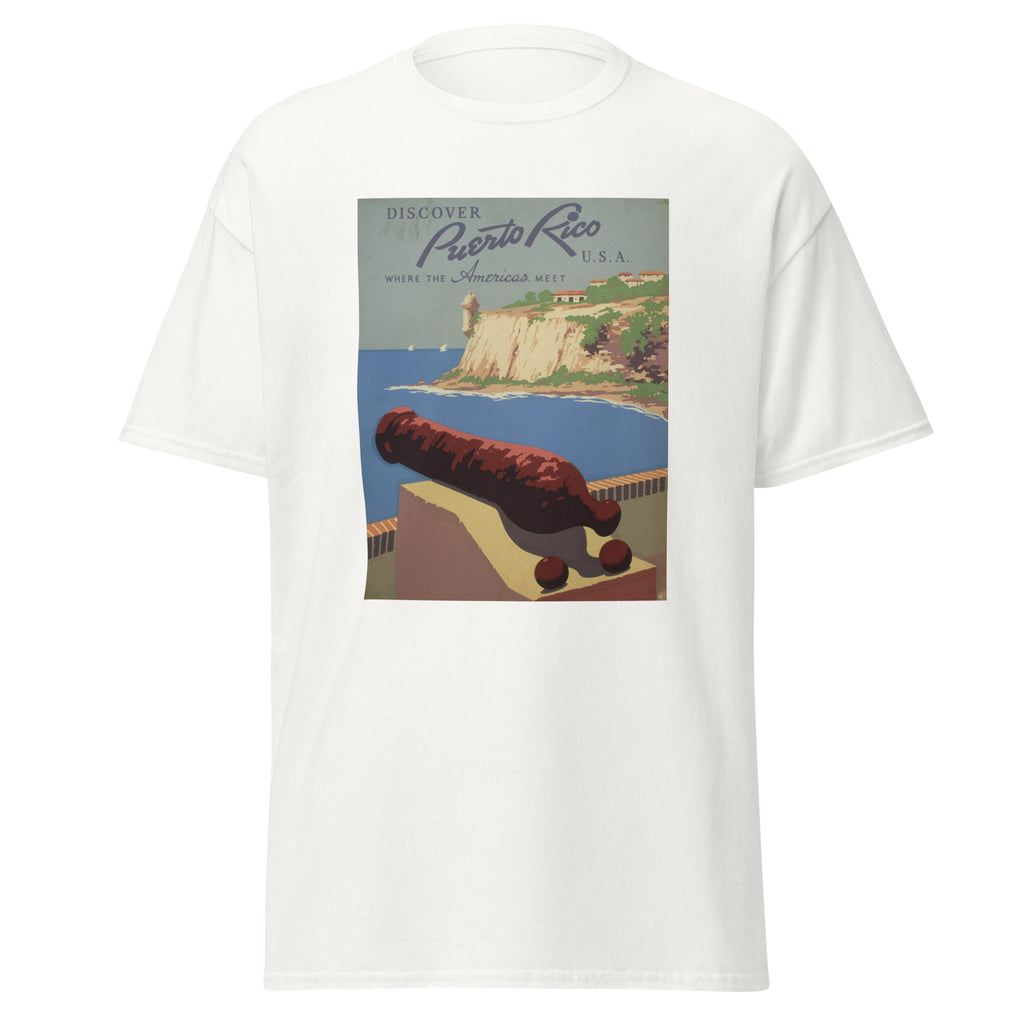 Unisex heather gray t-shirt featuring vintage Puerto Rico Vintage poster artwork printed across the front