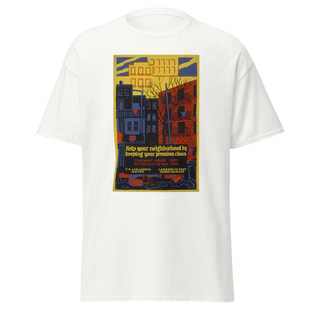 Unisex heather gray t-shirt featuring vintage New York Cleanliness poster artwork printed across the front