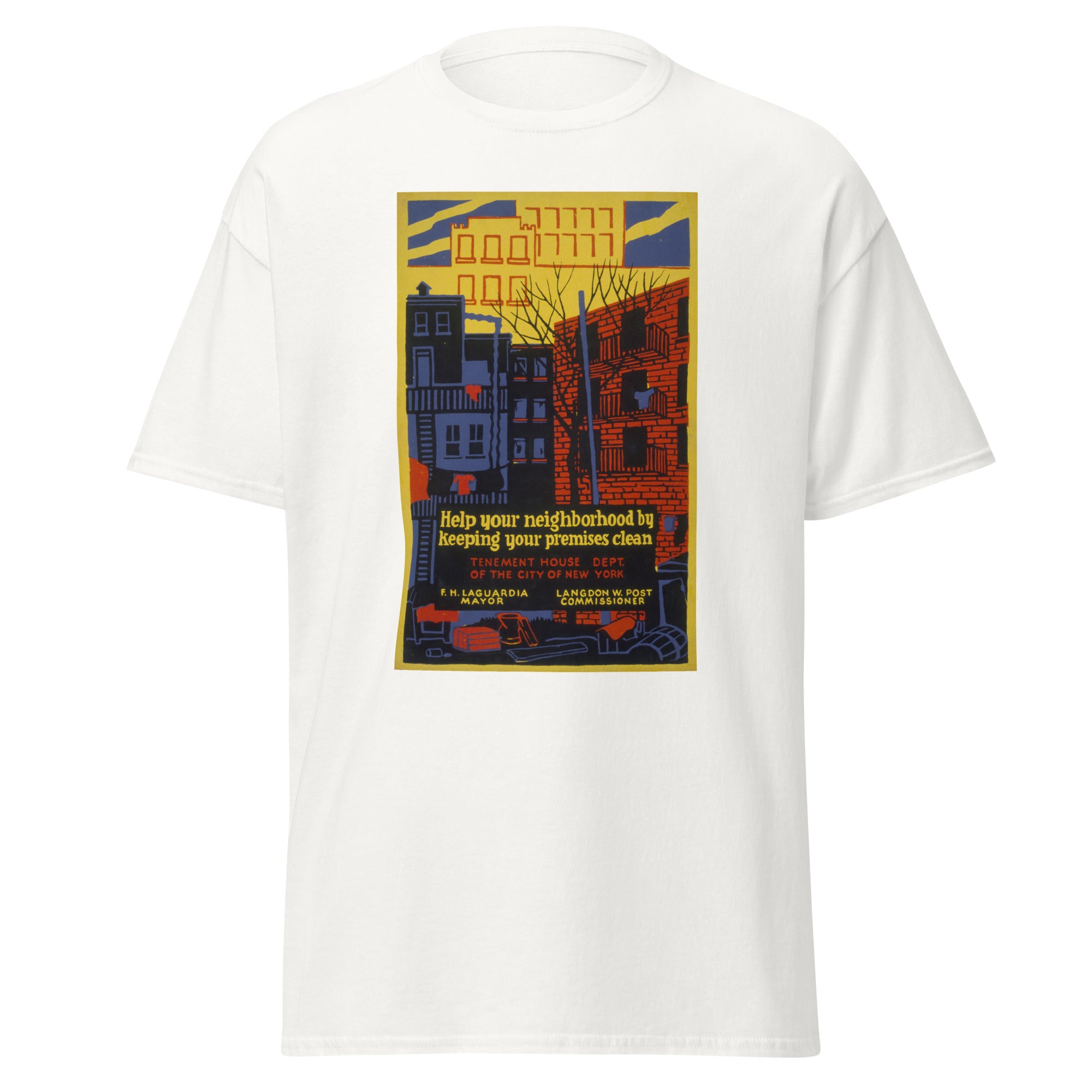 Unisex heather gray t-shirt featuring vintage New York Cleanliness poster artwork printed across the front