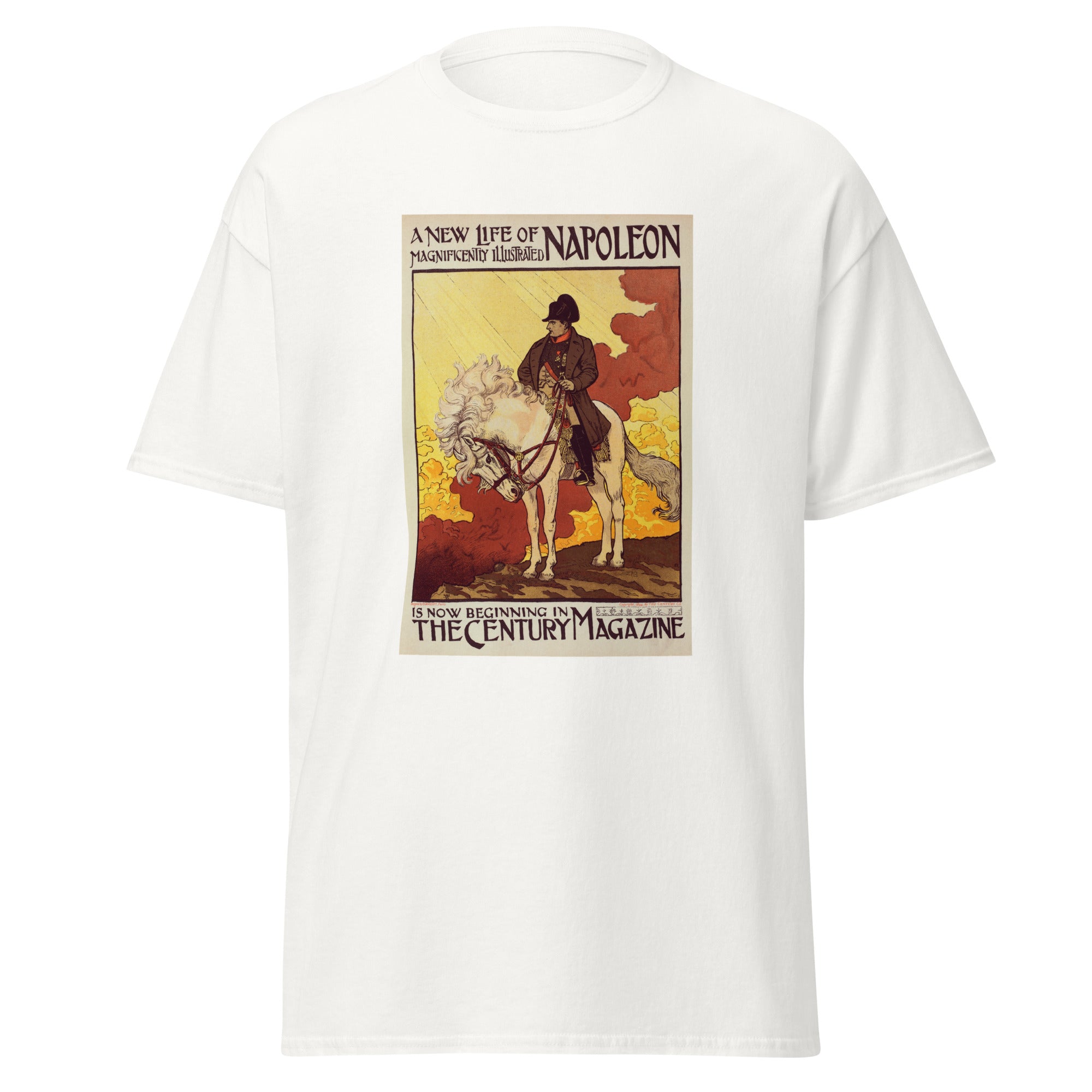 Unisex heather gray t-shirt featuring vintage Life of Napoleon poster artwork printed across the front