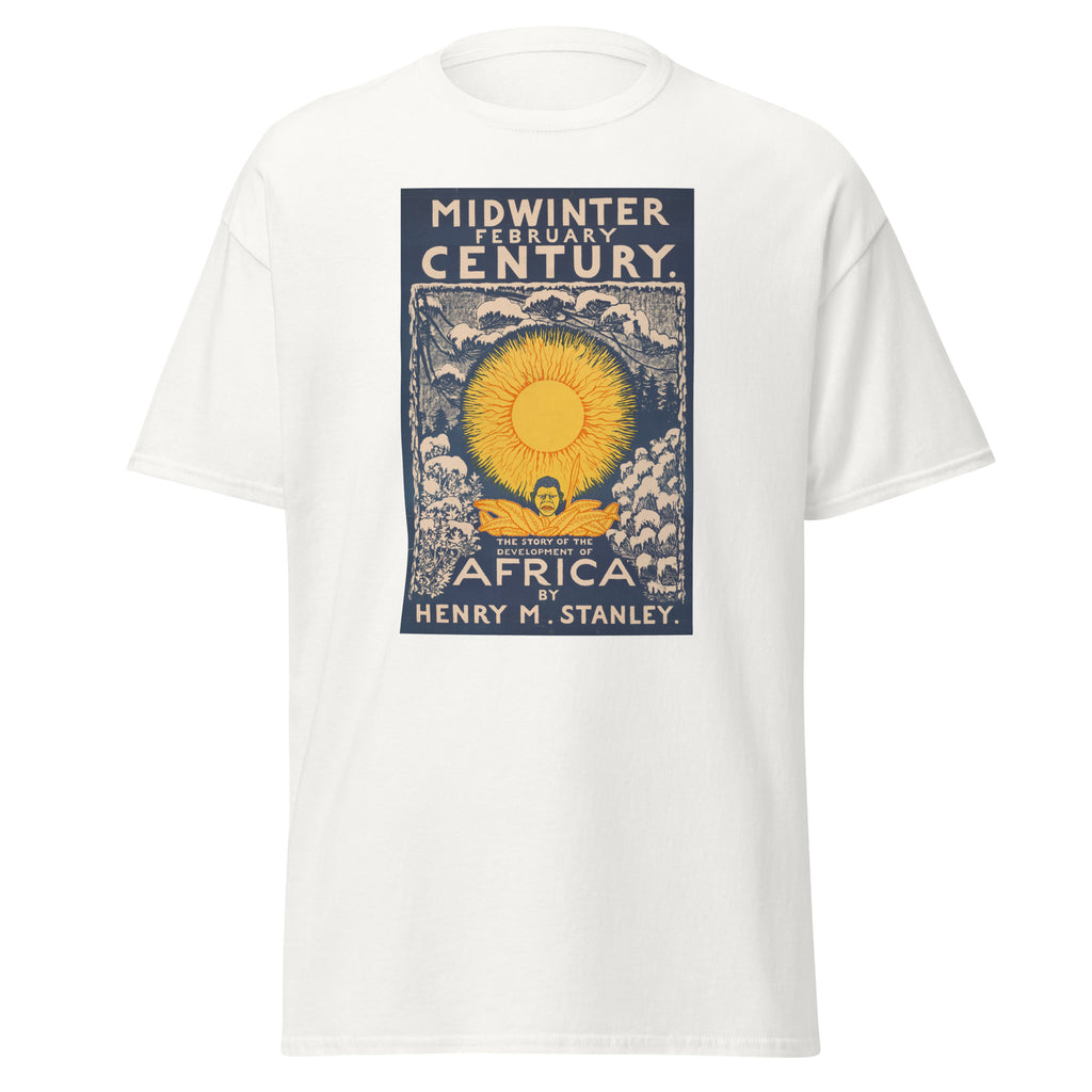 Unisex black t-shirt featuring vintage Development of Africa poster artwork printed across the front