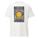 Unisex black t-shirt featuring vintage Development of Africa poster artwork printed across the front