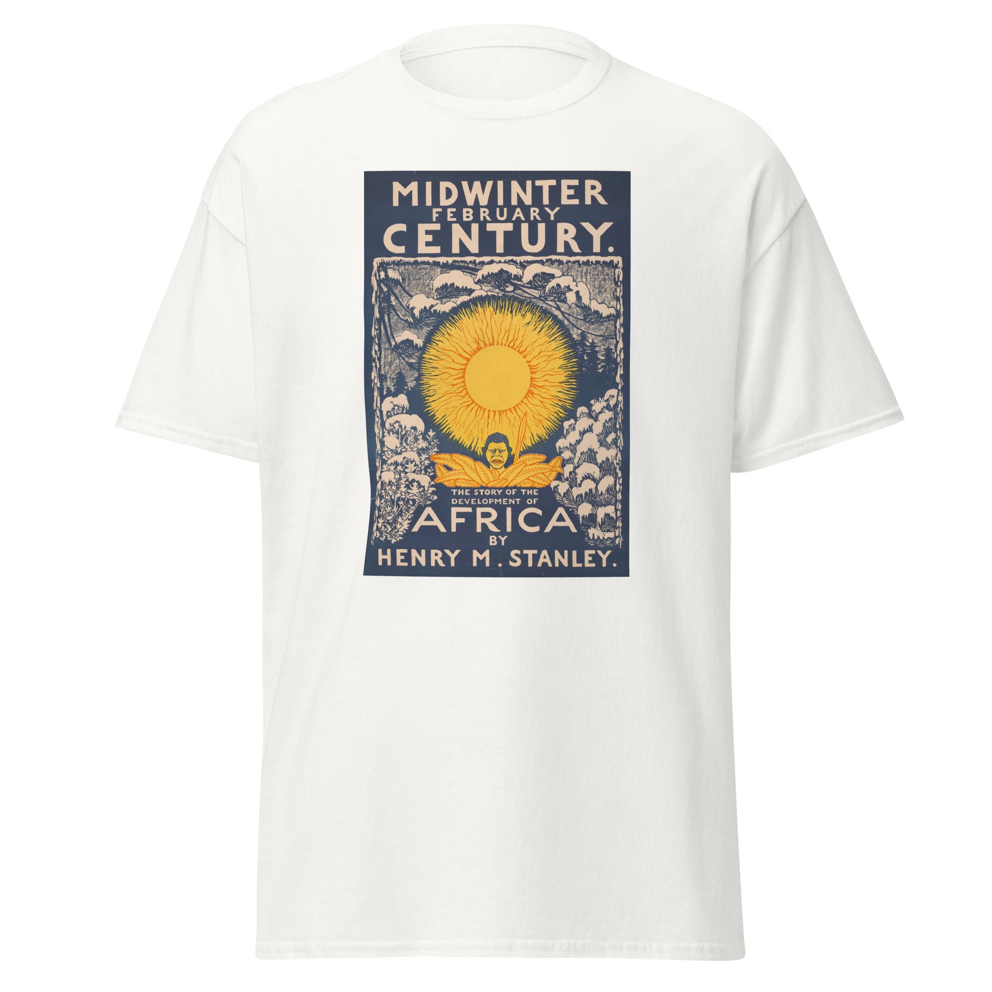 Unisex black t-shirt featuring vintage Development of Africa poster artwork printed across the front