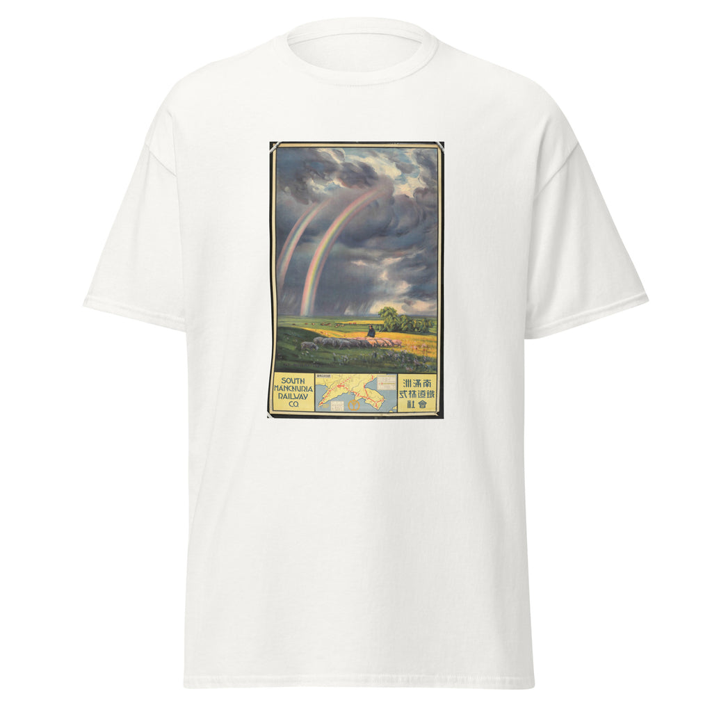 Unisex black t-shirt featuring vintage South Manchuria Railway poster artwork printed across the front