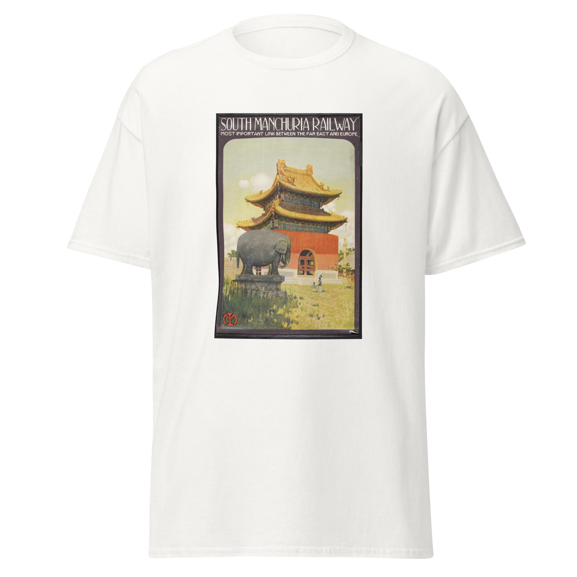 Unisex black t-shirt featuring vintage South Manchuria Railway poster artwork printed across the front