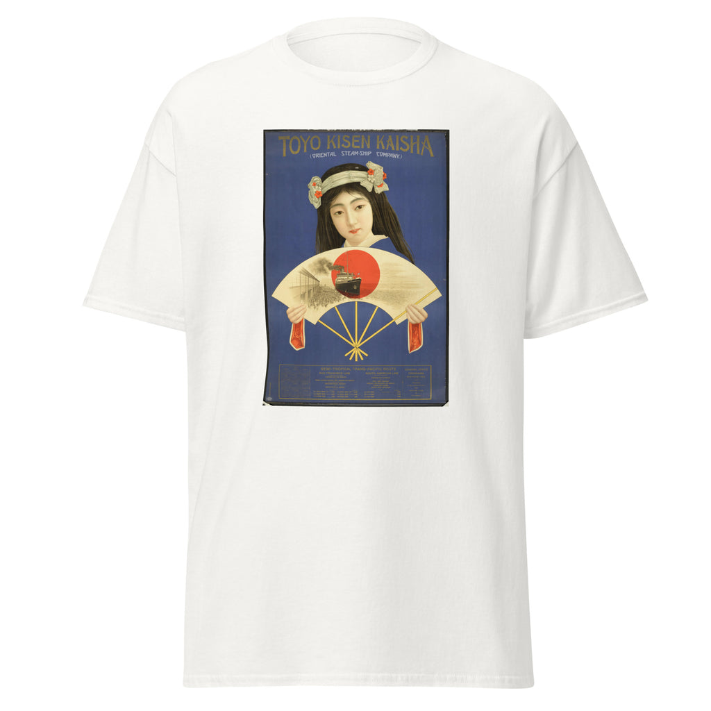 Unisex black t-shirt featuring vintage Oriental Steamship poster artwork printed across the front