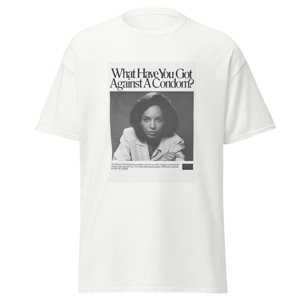 Unisex black t-shirt featuring vintage AIDS Condom Poster poster artwork printed across the front