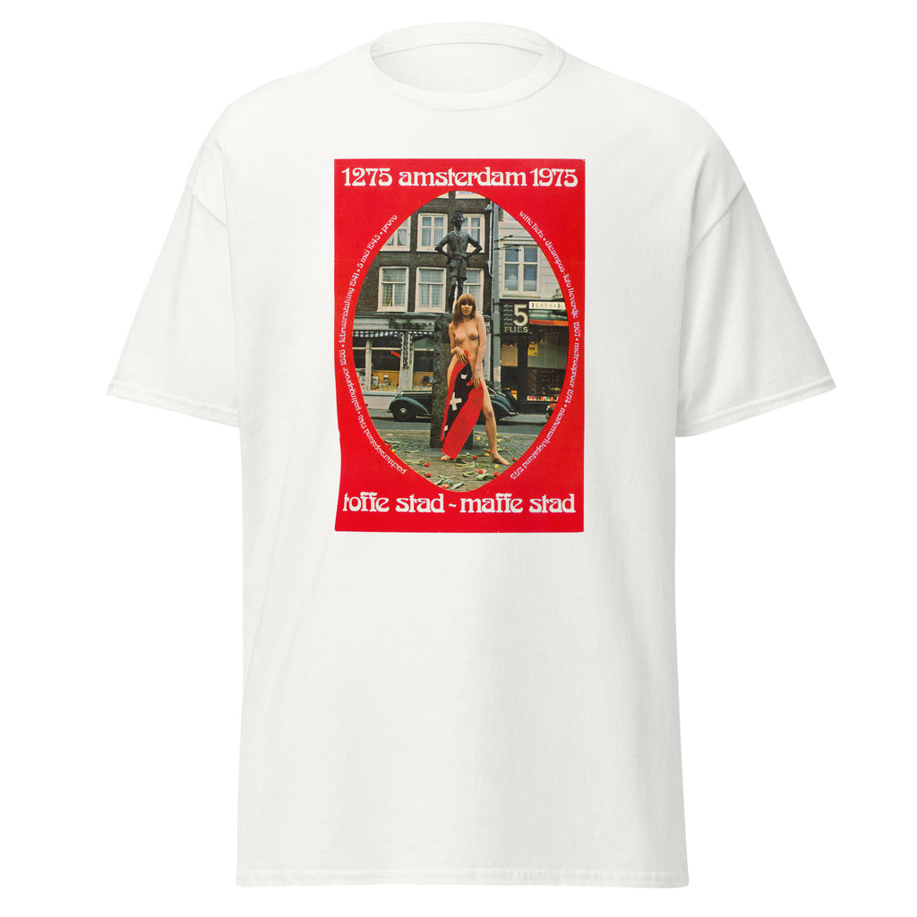 Unisex black t-shirt featuring vintage Amsterdam poster artwork printed across the front