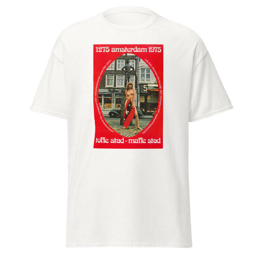 Unisex black t-shirt featuring vintage Amsterdam poster artwork printed across the front