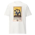 Unisex black t-shirt featuring vintage London Underground Vintage poster artwork printed across the front