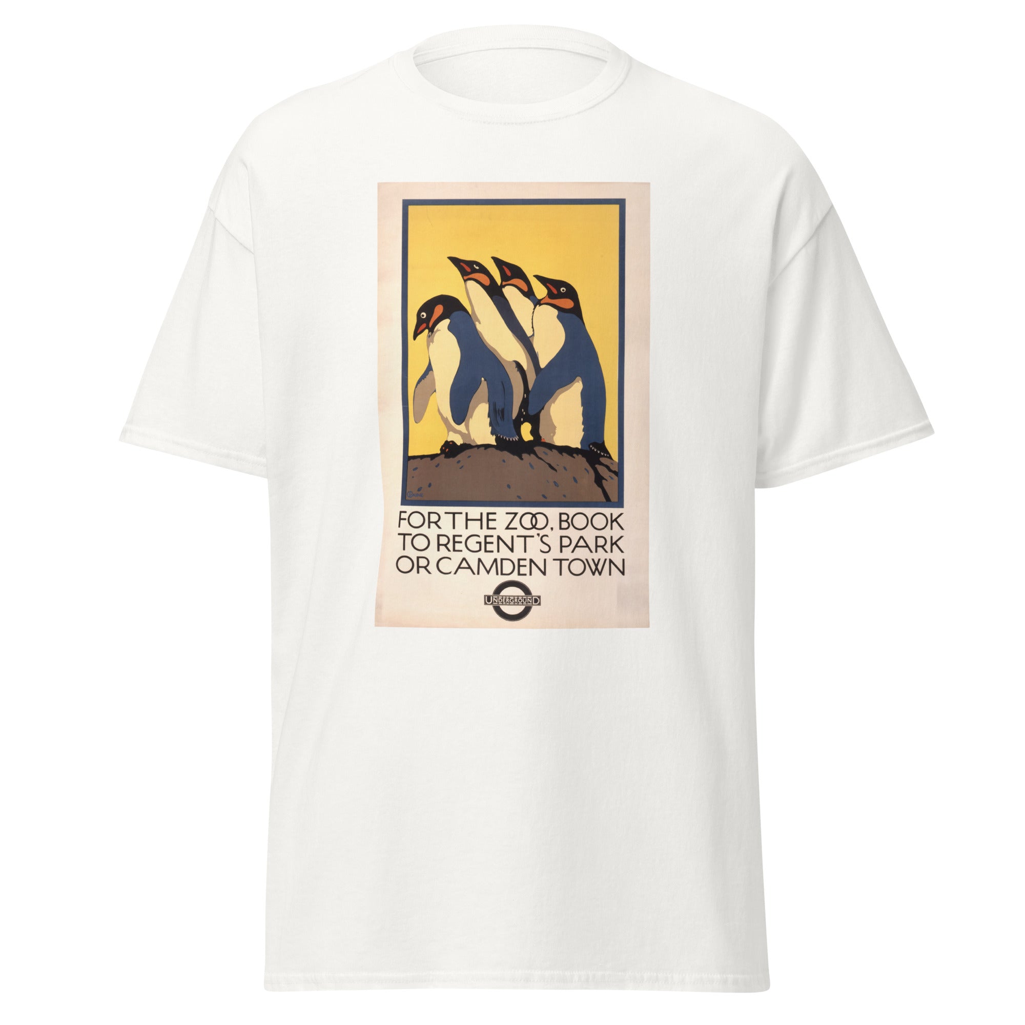 Unisex black t-shirt featuring vintage London Underground Vintage poster artwork printed across the front