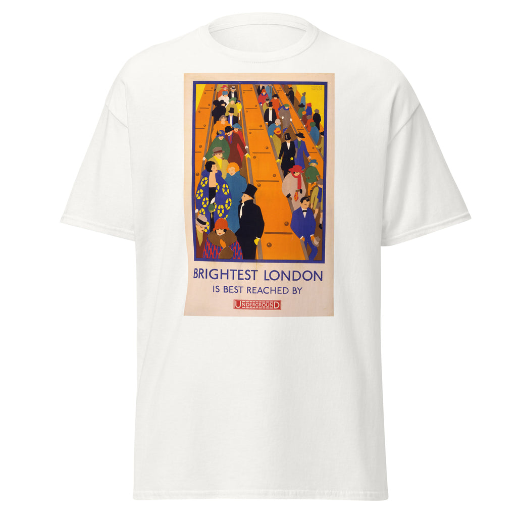 Unisex heather gray t-shirt featuring vintage London Underground Vintage poster artwork printed across the front