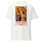 Unisex heather gray t-shirt featuring vintage London Underground Vintage poster artwork printed across the front