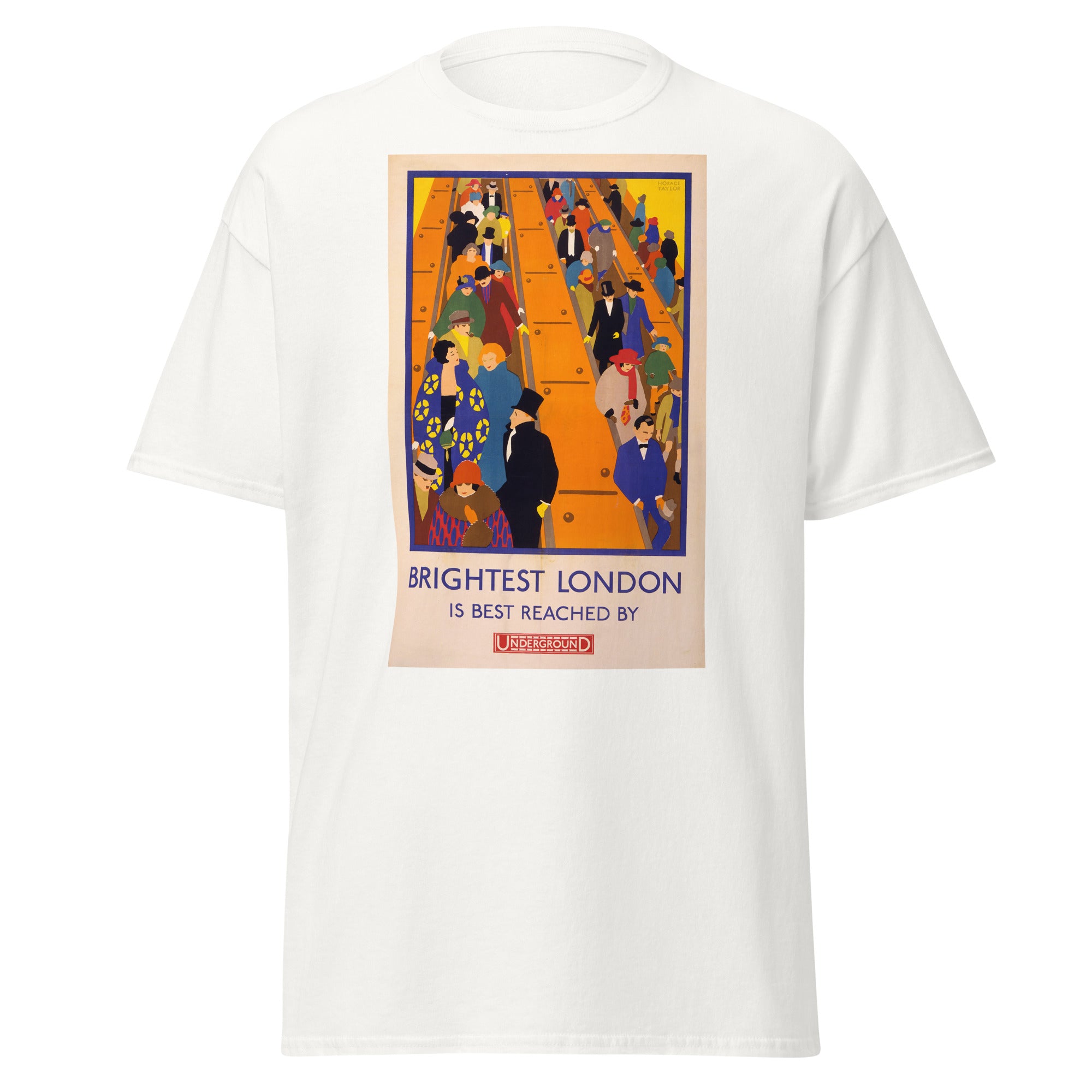 Unisex heather gray t-shirt featuring vintage London Underground Vintage poster artwork printed across the front
