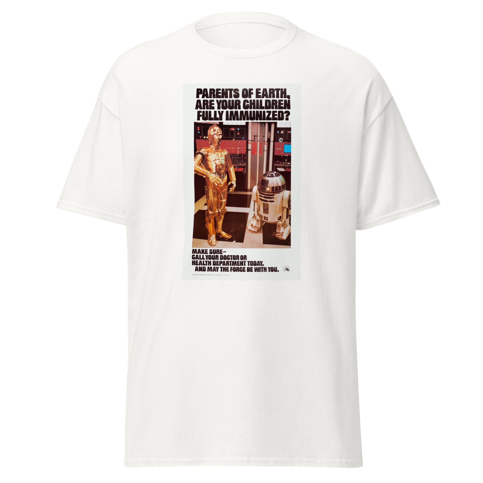 Unisex heather gray t-shirt featuring vintage Star Wars Immunization poster artwork printed across the front