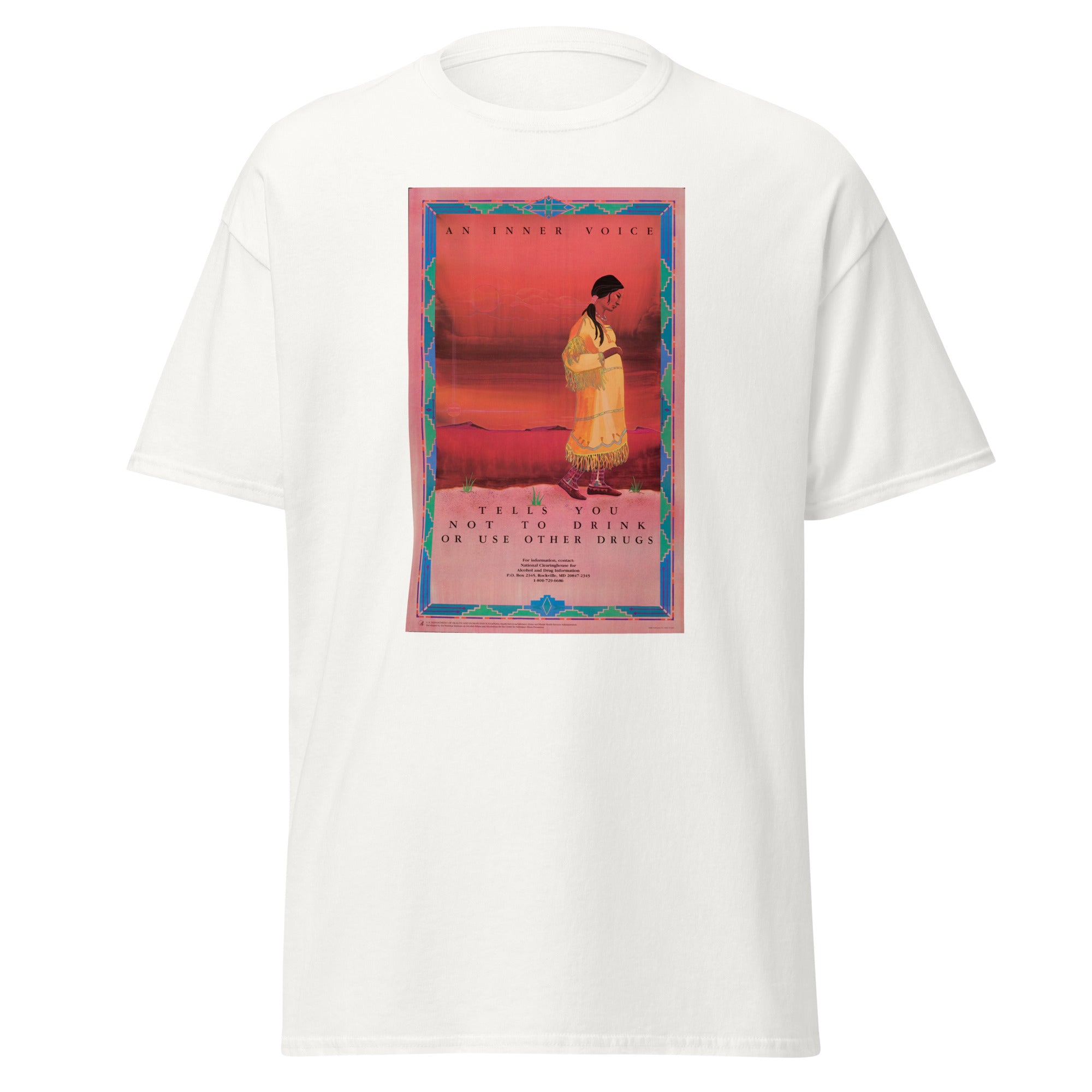 Unisex black t-shirt featuring vintage Native American Alcohol Drugs poster artwork printed across the front