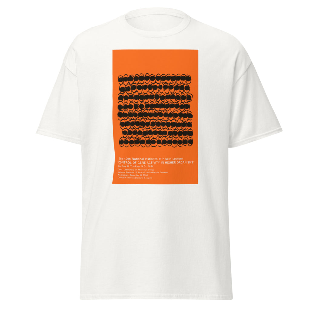 Unisex black t-shirt featuring vintage Genetics poster artwork printed across the front