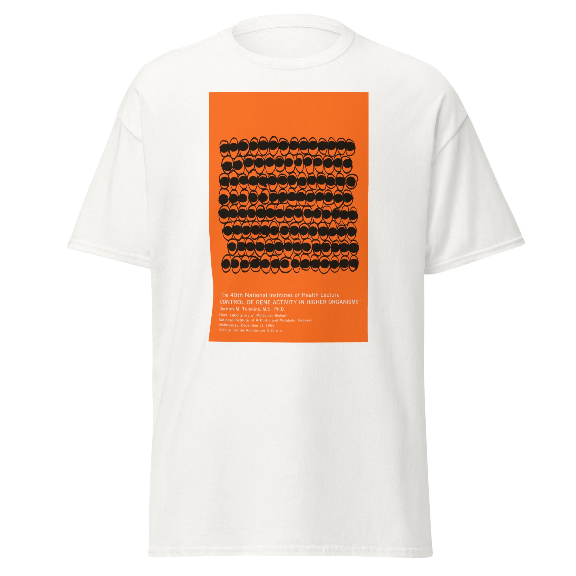 Unisex black t-shirt featuring vintage Genetics poster artwork printed across the front