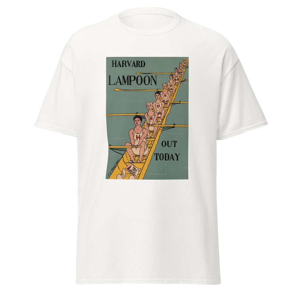 Unisex black t-shirt featuring vintage Harvard Lampoon poster artwork printed across the front
