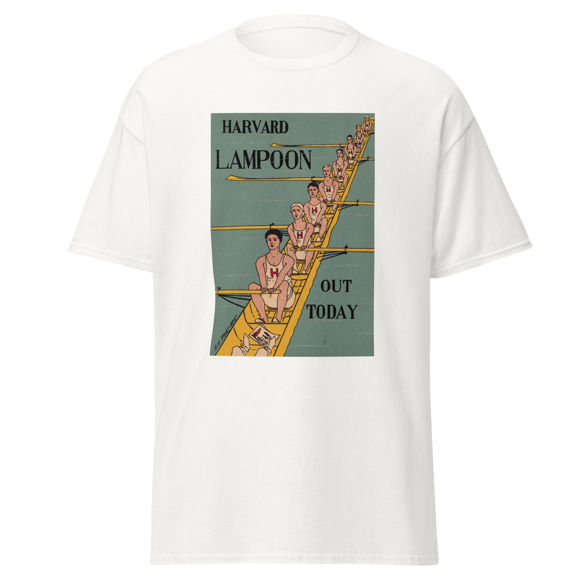 Unisex black t-shirt featuring vintage Harvard Lampoon poster artwork printed across the front