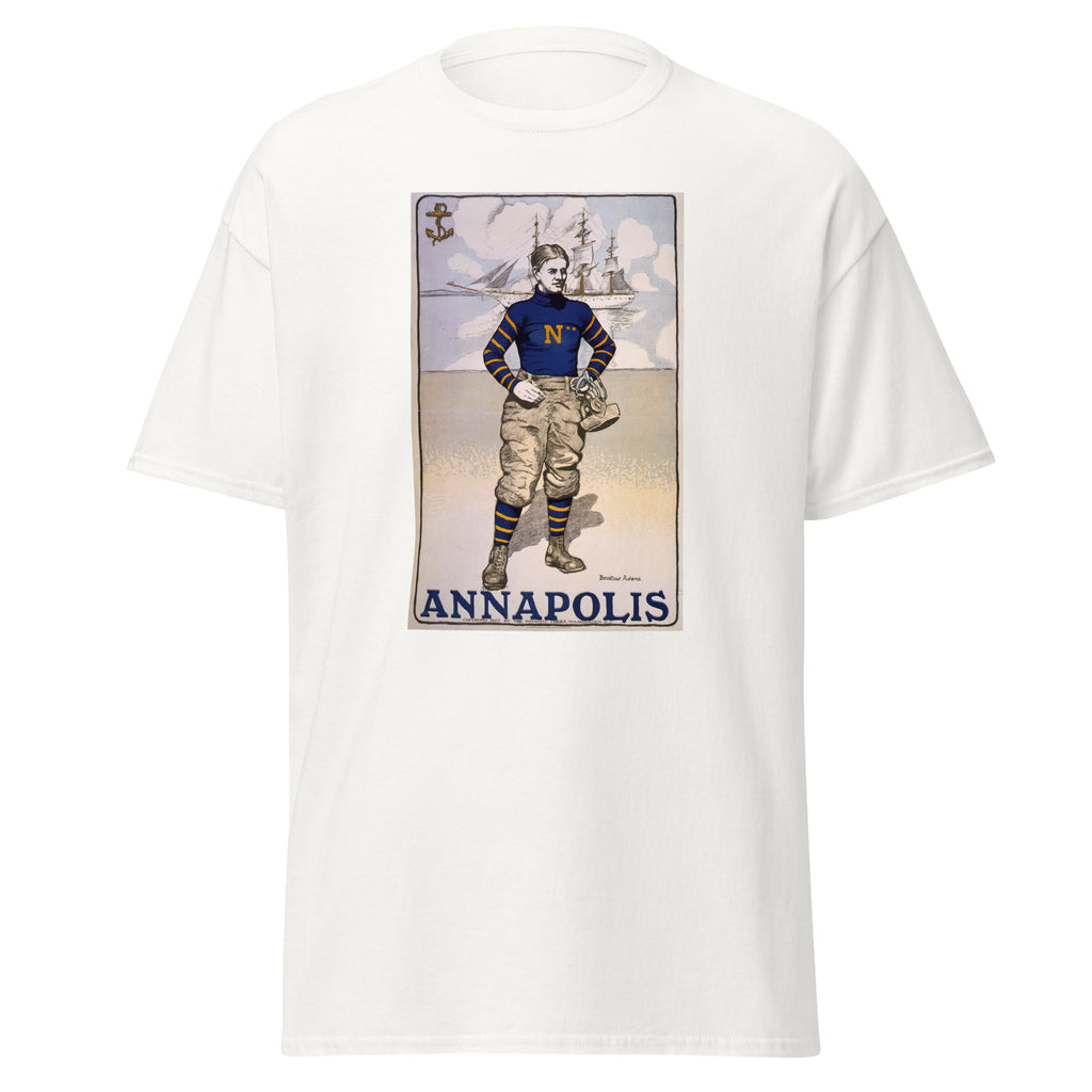 Unisex heather gray t-shirt featuring vintage Annapolis Vintage poster artwork printed across the front