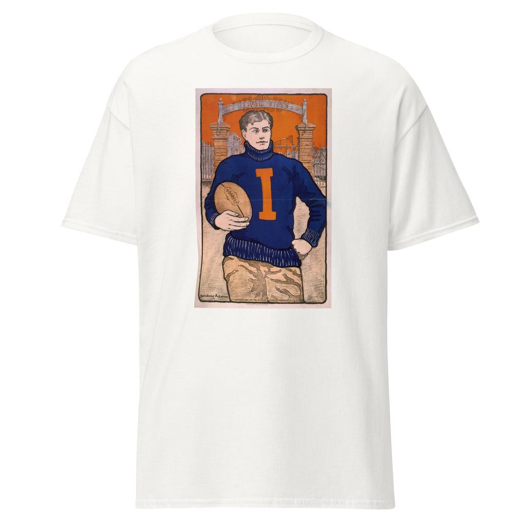 Unisex heather gray t-shirt featuring vintage Illinois College Football Vintage poster artwork printed across the front