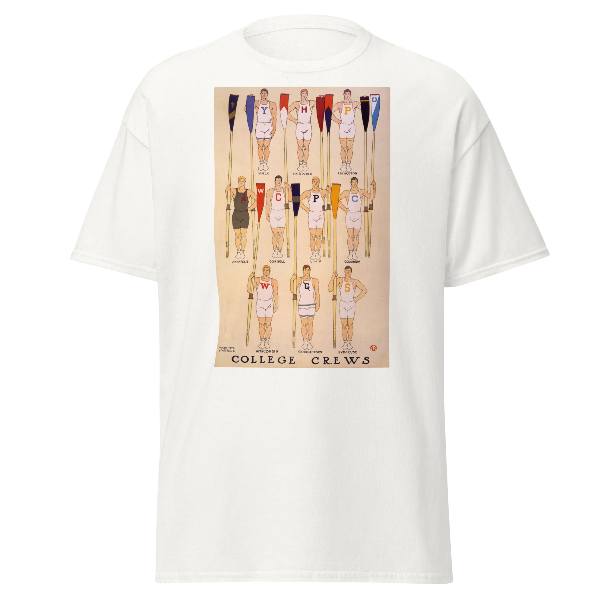 Unisex black t-shirt featuring vintage College Rowing Vintage poster artwork printed across the front