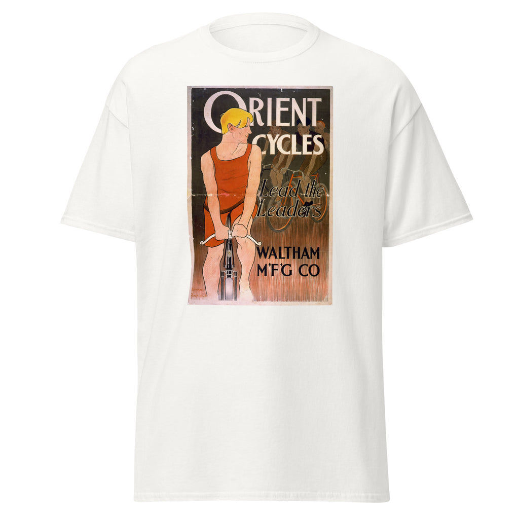 Unisex black t-shirt featuring vintage Orient Cycles Vintage poster artwork printed across the front