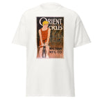 Unisex black t-shirt featuring vintage Orient Cycles Vintage poster artwork printed across the front