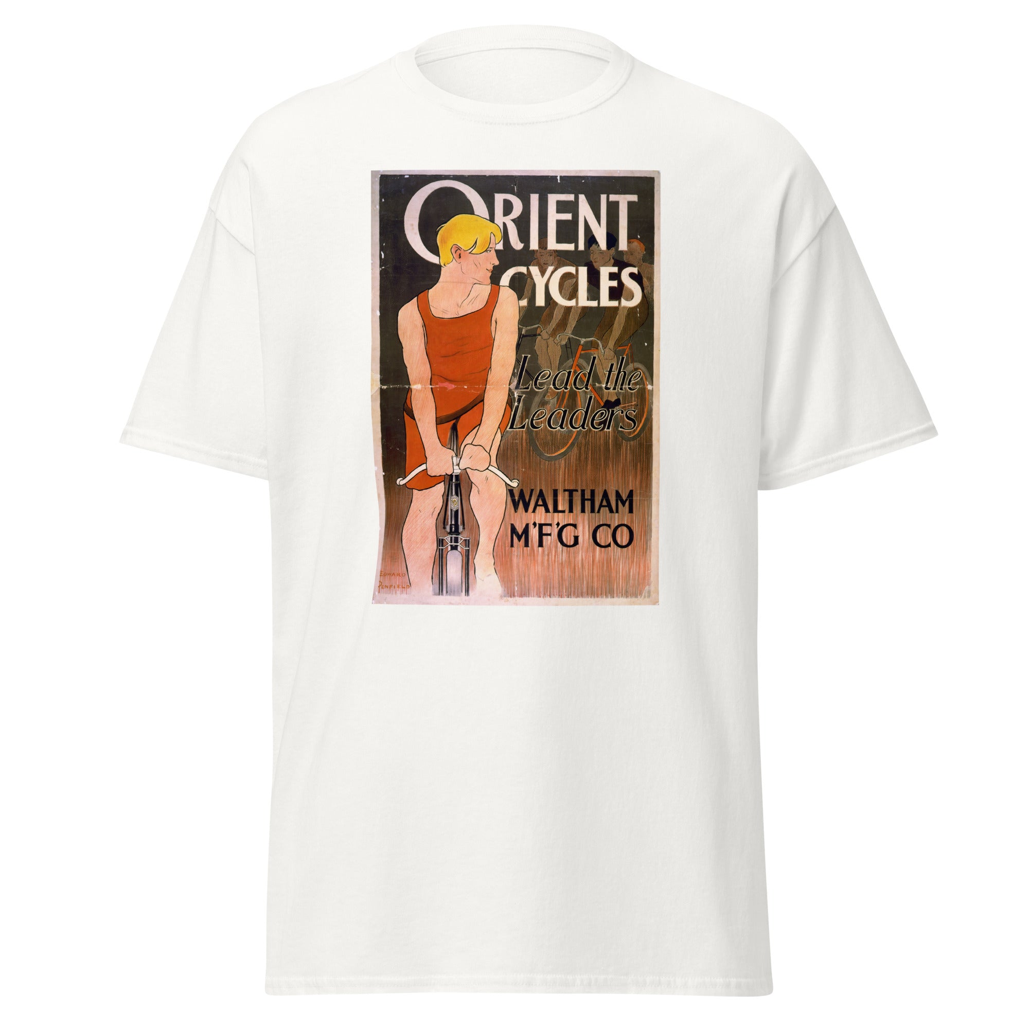 Unisex black t-shirt featuring vintage Orient Cycles Vintage poster artwork printed across the front