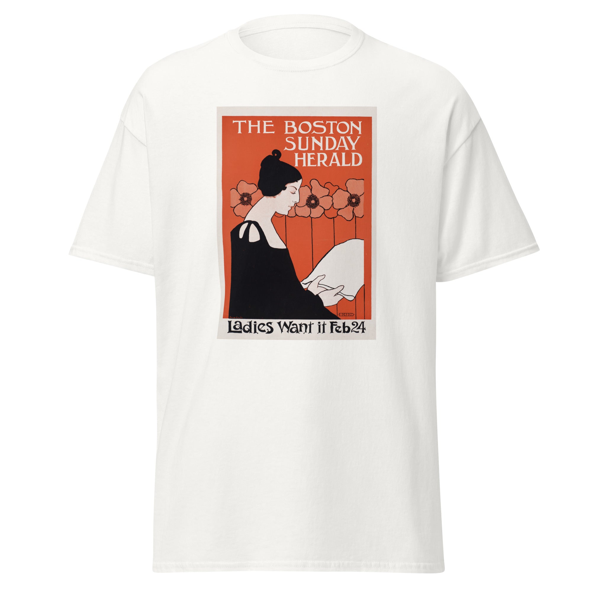 Unisex black t-shirt featuring vintage Boston Sunday Herald Vintage poster artwork printed across the front