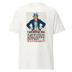 Unisex heather gray t-shirt featuring vintage War Savings Enlistment Vintsge poster artwork printed across the front