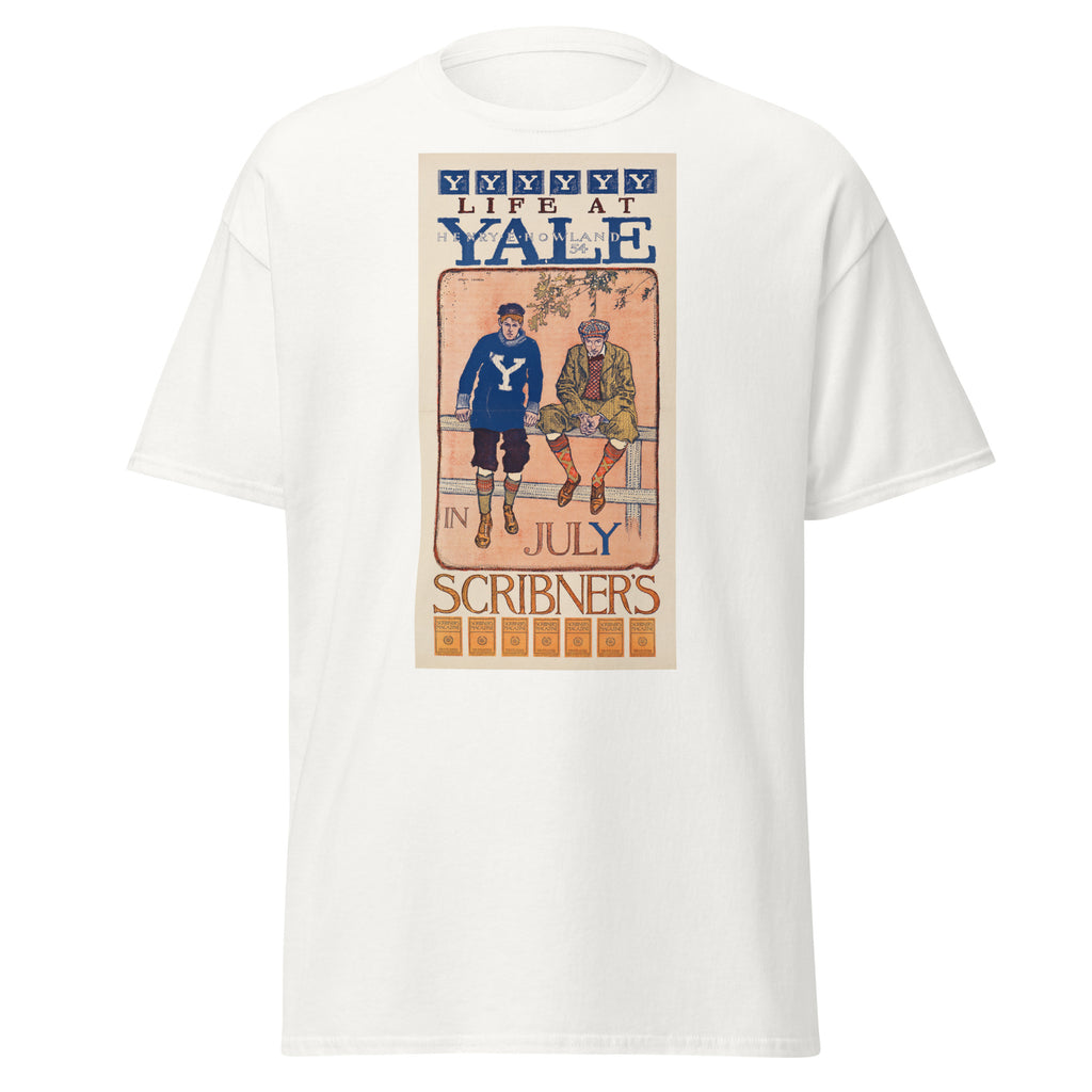 Unisex black t-shirt featuring vintage Life at Yale Vintage poster artwork printed across the front